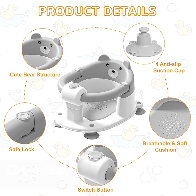 Baby Bath Seat for Babies 6 Months & up, Non-Slip Toddler Bath Seats for Babies Sitting Up, Safe Infant & Newborn Bathtub Chair with 4 Suction Cups & Soft Cushion for Shower,Gray