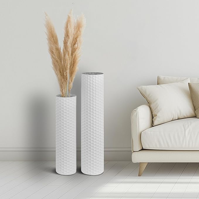Sziqiqi White Tall Vases for Floor: 27.6/21.7in Metal Cylinder Handmade Flower Holder Extra Large Decorative Vase Set of 2 Modern Honeycomb Texture Big Standing Vase for Living Room Home Corner