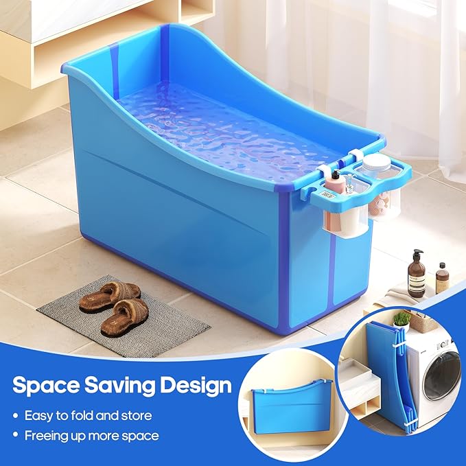 Collapsible Baby Bathtub Foldable Bathtub for Toddler Portable Large Foldable Bath Tub Bathtub for Kids Petite with Thermometer and Storage Basket (Blue)