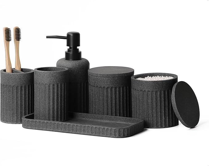 INIUNIK Bathroom Accessory Set - 6 Pieces Bathroom Accessories Set Complete with Soap Dispenser, Toothbrush Holders, Tumbler, Vanity Tray and 2 Qtip Holder for Home Organizer and Decor, Dark Grey