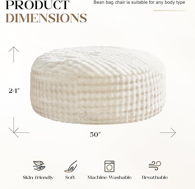 Hobestluk Bean Bag Chairs 5ft Beanbag Chair with Filler Adult Bean Bags with Fluffy & Machine Washable Cover, Giant Bean Bag Chairs for Adults (White, 5FT-50" x 50" x 24")
