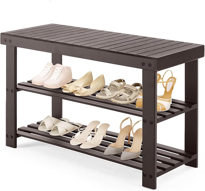 Sweetcrispy 3-Tier Shoe Rack Bench, Bamboo Entryway Storage Organizer, Shoes Stand for FrontDoor Entrance, Bedroom, Living Room, 286lb Capacity, 11.3 x 27.6 x 17.8 Inches, Chestnut