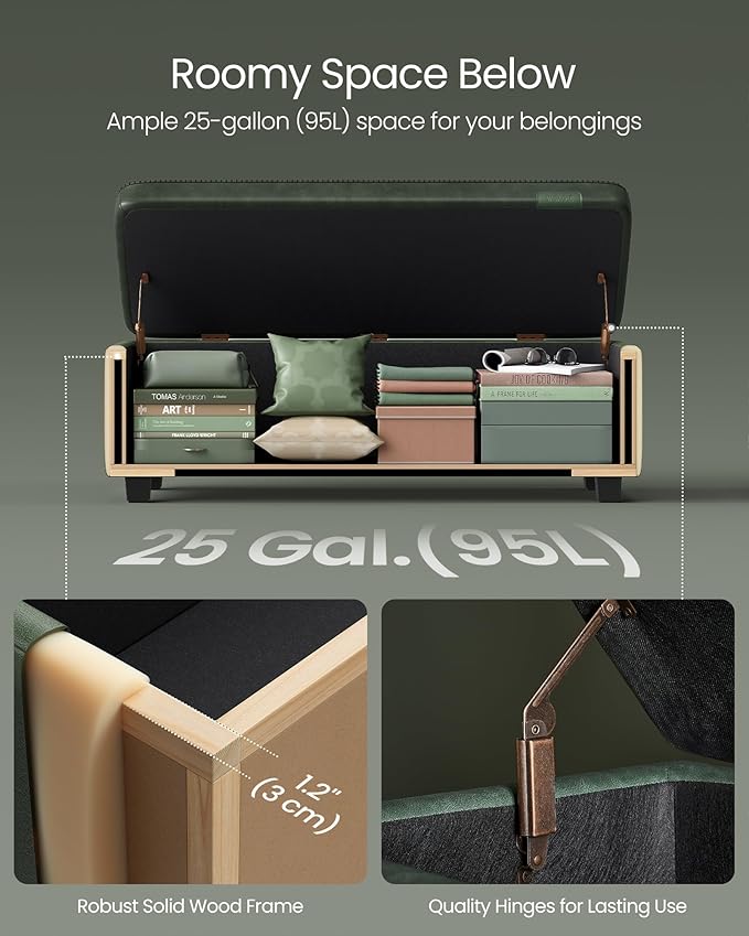 VASAGLE EKHO Collection - Storage Ottoman Bench, Entryway Bedroom Bench, 25 Gallons, Synthetic Leather with Stitching, Mid-Century Modern, Safety Hinges, Loads 660 lb, Forest Green ULOM075C01