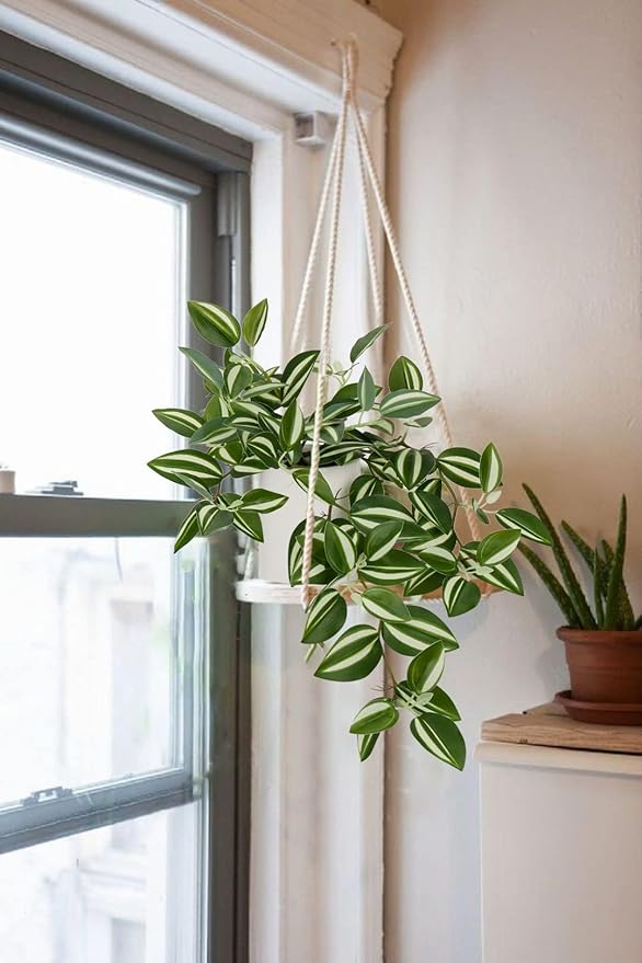 Fake Hanging Plants, 20 Inch Artificial Ivy Plant in Ceramic Pot Faux Vine Potted for Home Bedroom Office Table Shef Desk Indoor Outdoor Decor (Green/White)