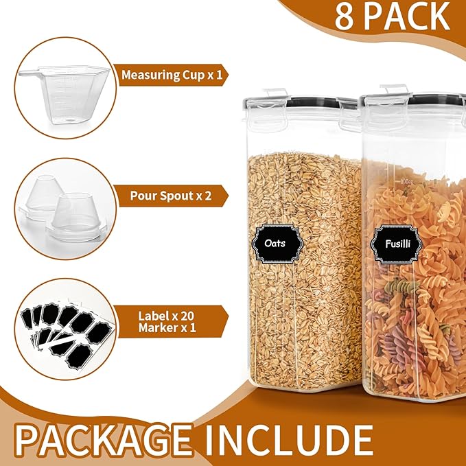 Cereal Containers Storage Set (4L / 135.2oz), 8PCS Airtight Food Storage Containers with Lids, Cereal Dispensers for Kitchen Pantry Organization and Storage with Pour Spout, 20 Labels, Marker