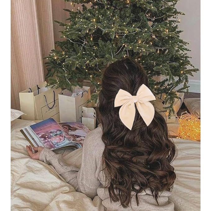 Pack of 4 Large Velvet Fable Bow Hair Clips for Kids Toddler Girl Mom Velvet Hair Bow Alligator Clips Baby Girls Women Hair Accessories (Cream/Mauve)