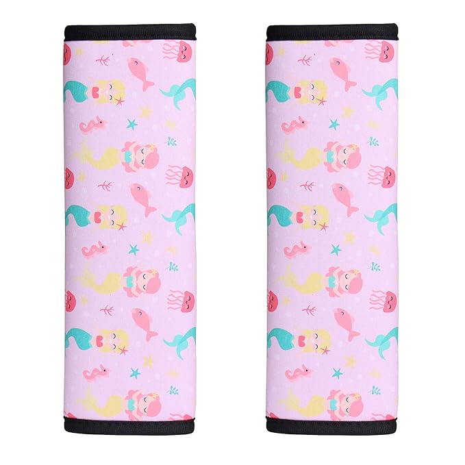 2 Pack Seat Belt Covers for Kids, FRRIOTN Soft Comfort Seat Belt Cushion for Children, Cute Cartoon Pattern Car Seat Belt Pads Cover for Girls and Boys (Pink Mermaid)