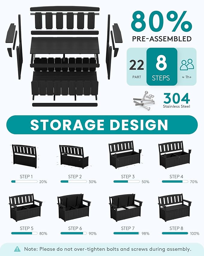 SERWALL HDPE Outdoor Storage Bench, All-Weather, UV-Resistant Deck Box with Waterproof Storage Bags, 57 Gallon Dual-Use Seat & Organizer Deck Boxes for Patio, Garden Tools & Pool (Matte Black)
