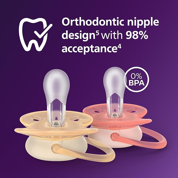Philips Avent Ultra Soft Pacifiers - Orthodontic Design, for Babies 0-6 Months, Flexible Shield, Silicone Symmetrical Nipple, BPA-Free, 2 Sterilizing Cases, 4 Pack, SCF091/47