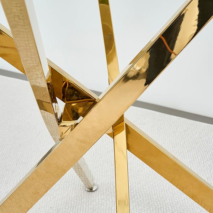 36" Round Glass Dining Table Modern Kitchen Glass Top Table for 4 with Gold Chrome Metal Legs, Clear Dining Table Kitchen Table for Home Office Dining Room