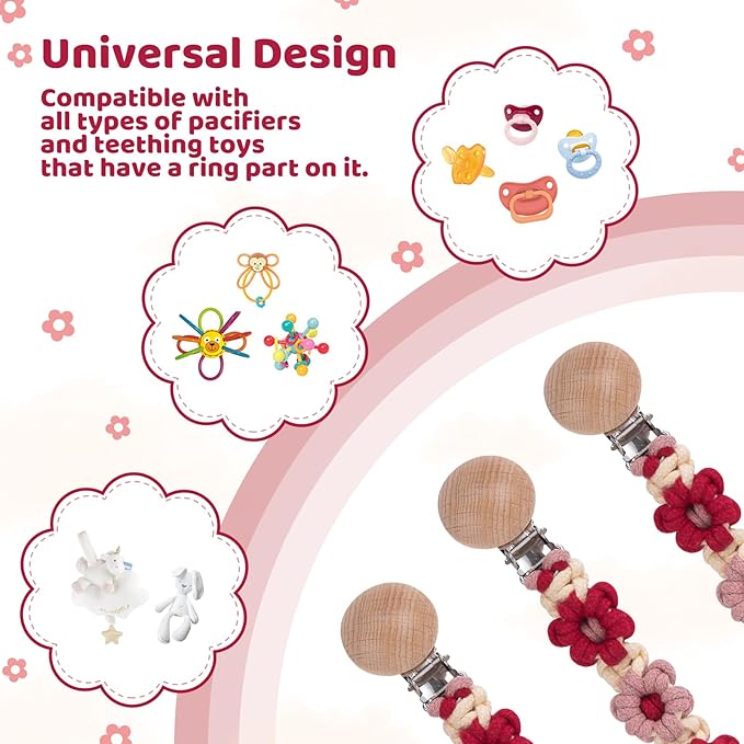 Pacifier Clip for Boys Girls Floral Daisy Macrame Baby Paci Clip Pacifier Holder Leash Boho Wooden Clips Handmade Braided Cotton Binky Clips (1pack:Red Daisy)