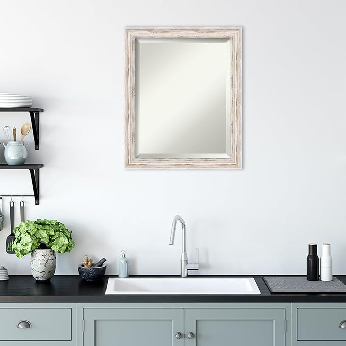 Amanti Art White Bathroom Mirror for Over Sink, 23x19 Alexandria White Wash Narrow Rectangle Vanity Mirror, Small Cottage Wood Frame, Hangs Horizonally and Vertically, Bathroom Wall Decor, Beveled