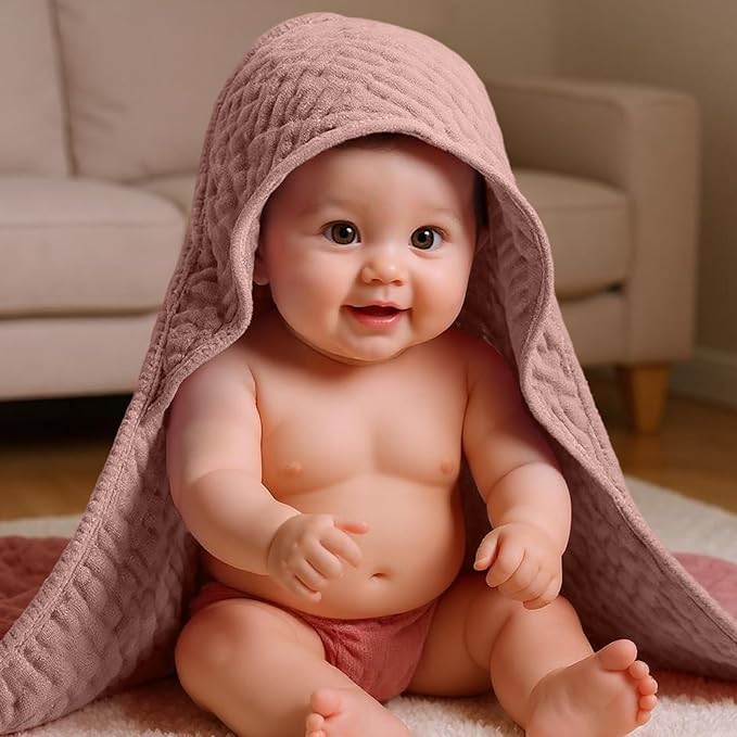 Peryiter 6 Pcs Muslin Hooded Baby Towels, 32"x 32" Cotton Newborn Bath Towel Muslin Infant Baby Blankets Absorbent Unisex Newborn Registry Gift Essentials for Girls Boys (Pink,Blush,Red)