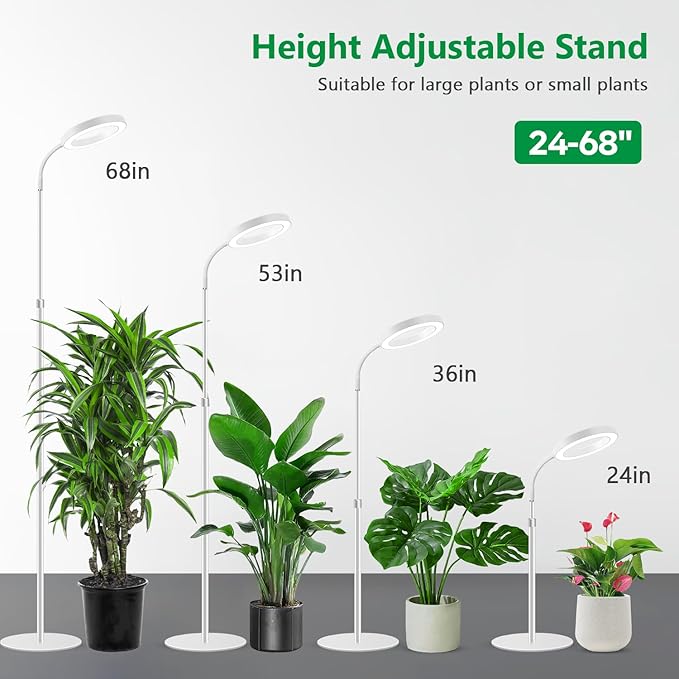 Aumtrly Floor Grow Lights for Indoor Plants, Full Spectrum Plant Light with 68" Stand for Growing Large Tall Plants, White Halo Grow Lamp with 6/12/16H Timer, 3 Light Modes, 5 Dimming