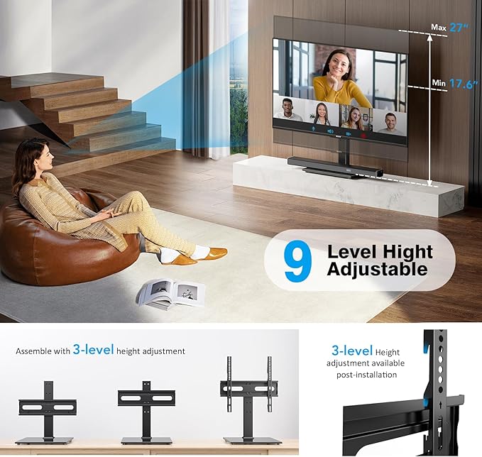 Universal TV Stand - Table Top TV Stand for 27-60 inch LCD LED TVs - 9 Level Height Adjustable TV Base Stand with Tempered Glass Base & Wire Management, VESA 400x400mm