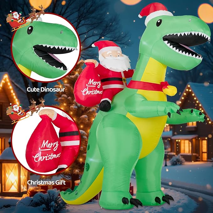 8FT Christmas Inflatables Santa Claus Riding Dinosaur,Inflatables Decorations Outdoor/Indoor,Christmas Blow Up Santa Claus Yard Decorations Built-in LED Lights,for Yard/Lawn/Garden.