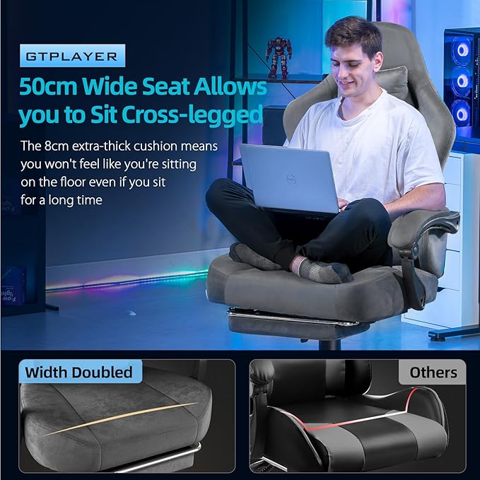 GTPLAYER Gaming Chair Fabric with Pocket Spring Cushion, Big and Tall Gamings Chairs 350LBS High Back Computer Chair with Footrest for Adults Lumbar Support Swivel Game Chair for Office Dark Grey