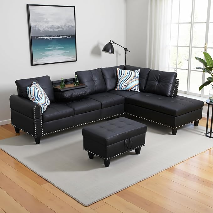 Couches for Living Room Faux Leather L Shaped Couch Comfy 3 Pieces Sectional Sofa with Chaise, Ottoman with Storage for Office and Small Apartment, Graceful Black