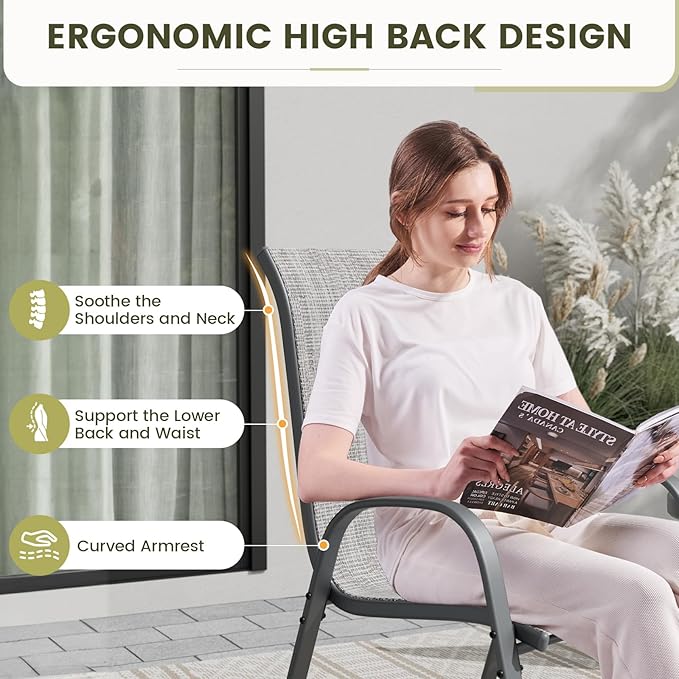 UDPATIO Patio Chairs Set of 8, Stackable Outdoor Dining Chairs with High Back, Breathable Textilene Fabric Outdoor Chair All Weather, 350LBS Capacity for Garden, Backyard (Light Grey)