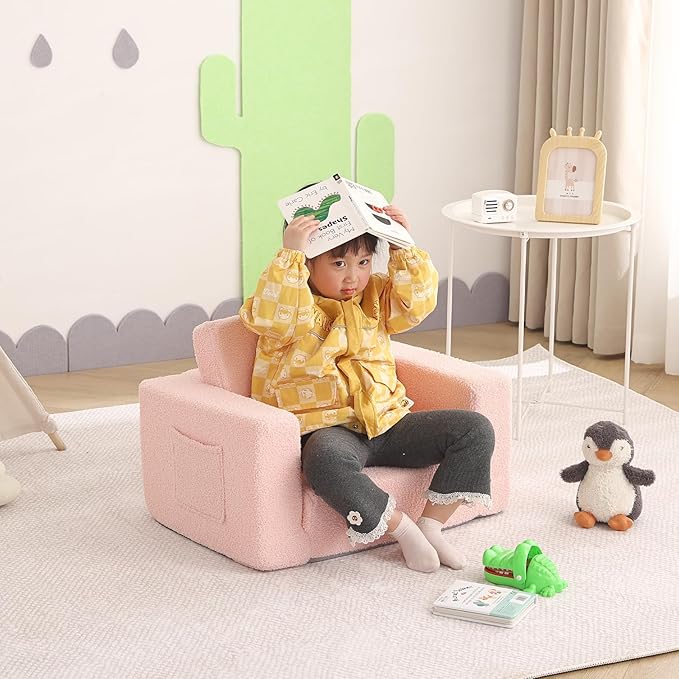 Welnow Toddler Chair, 2-in-1 Soft Sherpa Kids Sofa, Convertible Toddler Couch Lounger, Flip Out Kids Couch Chair with Side Pockets & Removable Cover for Girls and Boys, Pink