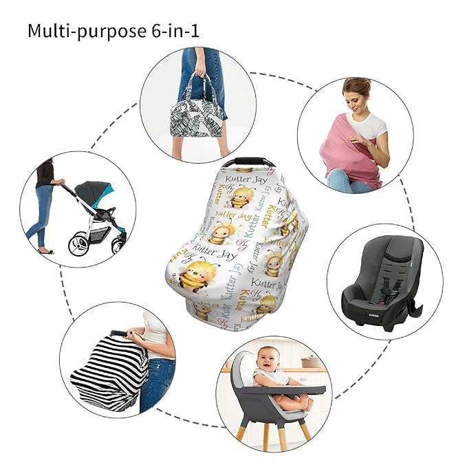 Personalized Bee Baby Car Seat Cover with Name,Multi-Use Canopy for Nursing, Strollers,Shopping Carts,Customized Breastfeeding Cover, Full Privacy,Infant Stroller Cover