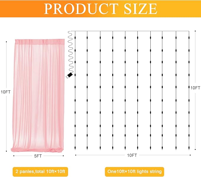 Fomcet Peach Tulle Backdrop Curtains with Lights String 10FT X 10FT Sheer Curtain with Lights for Backdrop Tulle Curtain for Wedding Birthday Party Photo Shoot (2 Panels 5x10FT)