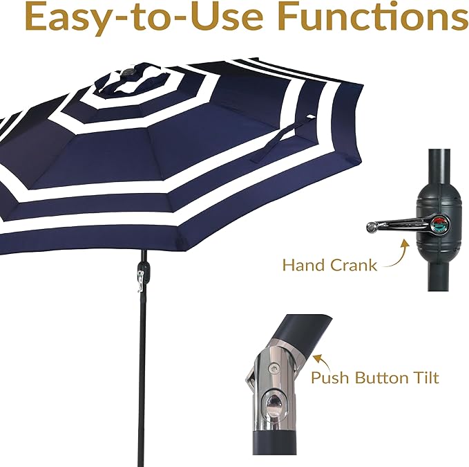 Sunnydaze Outdoor Patio Umbrella - Polyester Table Market Umbrella with Push-Button Tilt and Crank - 8 Sturdy Ribs - Navy Blue Stripe - 9ft