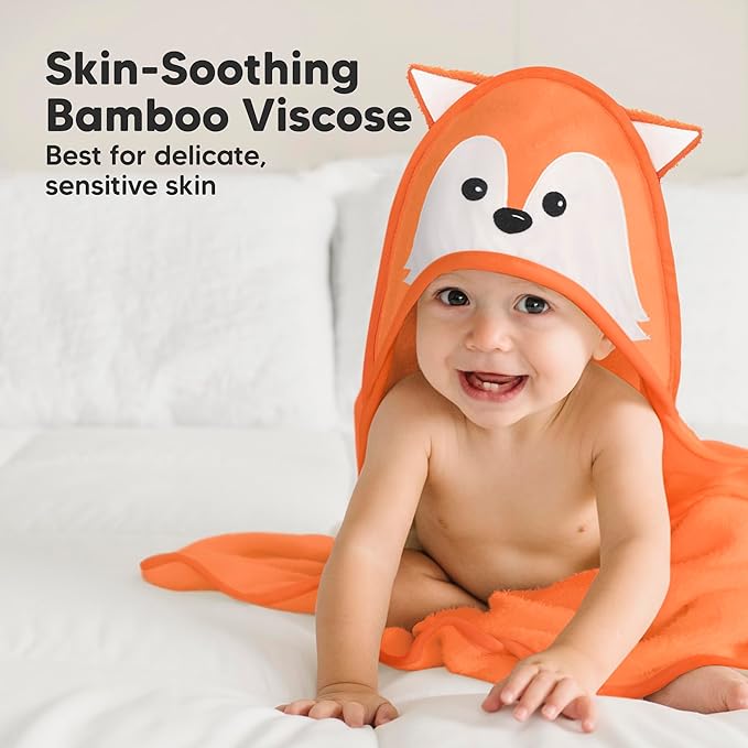 KeaBabies Hooded Baby Towel for Newborn - Viscose Derived from Bamboo Large Baby Bath Towels with Hood for Boys, Girls, Toddler, Extra Absorbent & Soft Newborn Bath Essentials (Fox, Petite)