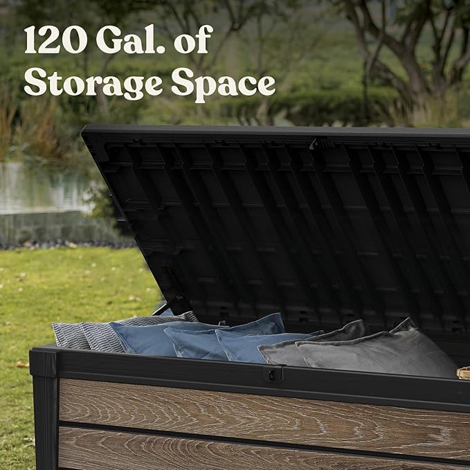 Keter Everwood 120 Gallon Resin Signature Collection Large Outdoor Storage Box for Patio Furniture, Outdoor Cushions, Garden Tools and Pool Gear, Walnut