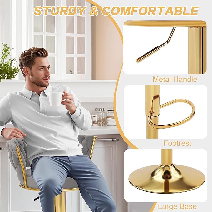 VECELO Bar Stools Set of 4, Adjustable Barstools Counter Height Stools with Back and Arm, Velvet Woven Kitchen Island Stools w/Gold Metal Leg & Base, 360° Swivel Bar Chair, Light Grey