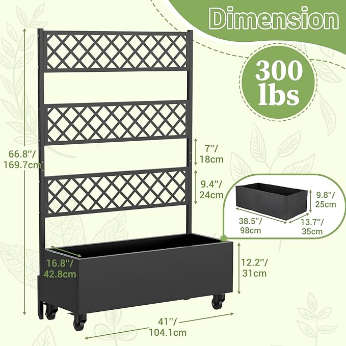 Metal Planter Box with Trellis Privacy Screen, 67"x41"x16" Raised Garden Bed with Trellis, Privacy Planter Boxes, with Planting Bag & Lockable Casters for Climbing Plants,Vegetables,and Vines