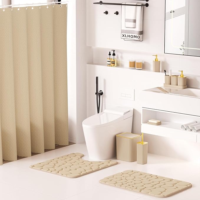 XLHOMO Bathroom Accessories Set - 25PC Bathroom Sets with Shower Curtain and Rugs, Beige Bathroom Accessories with Trash Can, Soap Dispenser, Soap Dish & Toilet Brush