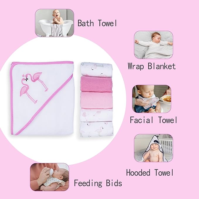 Viviland Baby Towels and Washcloths, Soft Absorbent Baby Girl Bath Towel Set, Flamingos Hooded Towels with 5 Infant Washcloths (6 Pieces)