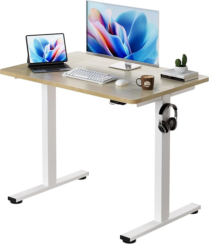 Okin Small Electric Standing Desk, 40" x 24" Whole Piece Height Adjustable Oak Sit to Stand Desk Computer Workstation for Home Office