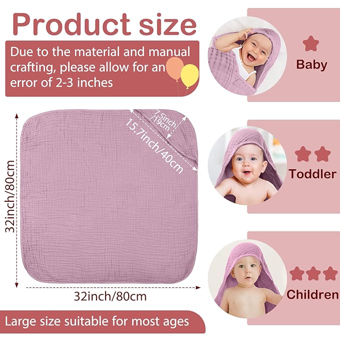 Peryiter 6 Pcs Muslin Hooded Baby Towels 32 x 32 Inch Cotton Newborn Bath Essentials Muslin Infant Blankets Absorbent Registry Gifts for Girl Boy Kids Baby Shower (Purple Series)