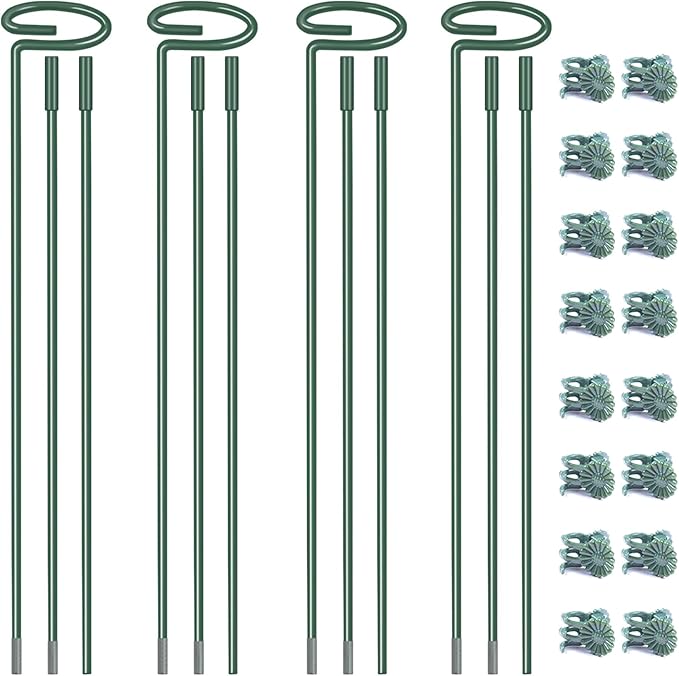 4.5mm Adjustable Length Plant Stake, Assembled (12 or 24 or 36 inch) Outdoor and Indoor Plant Support Poles for Flowers Marigolds Tomatoes Lilies Peonies Roses Daffodils Flower Clips (4 Sets, 16 Pcs)
