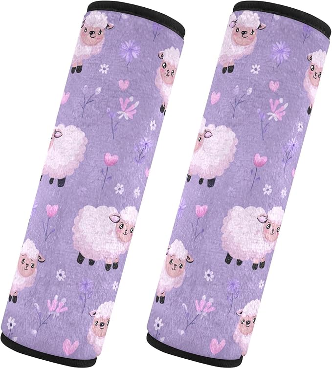 2 Pack Seatbelt Covers Seat Belt Cover Pad for Adults Boys Girls Car Seat Strap Covers Pads Cushion Universal Shoulder Strap Pad Protector for Backpack Camera Bag 10x7.7Inch Purple Cute Floral Sheep