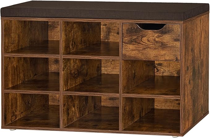 DINZI LVJ Shoe Bench, Entryway Storage Bench with Drawer and 8 Cubbies, Cubby Shoe Rack with Adjustable Shelves, Shoe Organizer Cabinet for Living Room, Bedroom, Mudroom and Garage, Rustic Brown