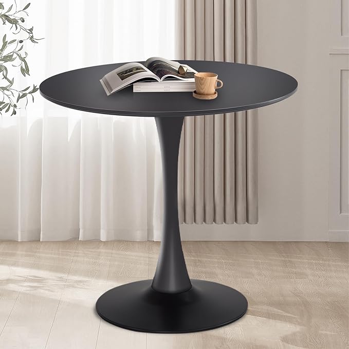 Round Dining Table,31.5”Kitchen Table for 2-4 People,MDF Table Top with Metal Pedestal Base,Tulip Design for Kitchen,Dining Room,Living Room,Leisure,Black