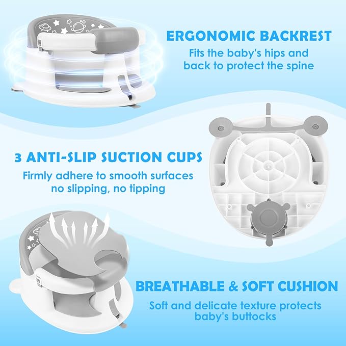 Baby Bath Seat for Babies 6 Months & up,Baby Bathtub Chair,Non-Slip Toddler Bath Support,Sit Up Bath Seat for Baby,Safe Infant & Newborn Bathtub Chair with Soft Cushion,Gray