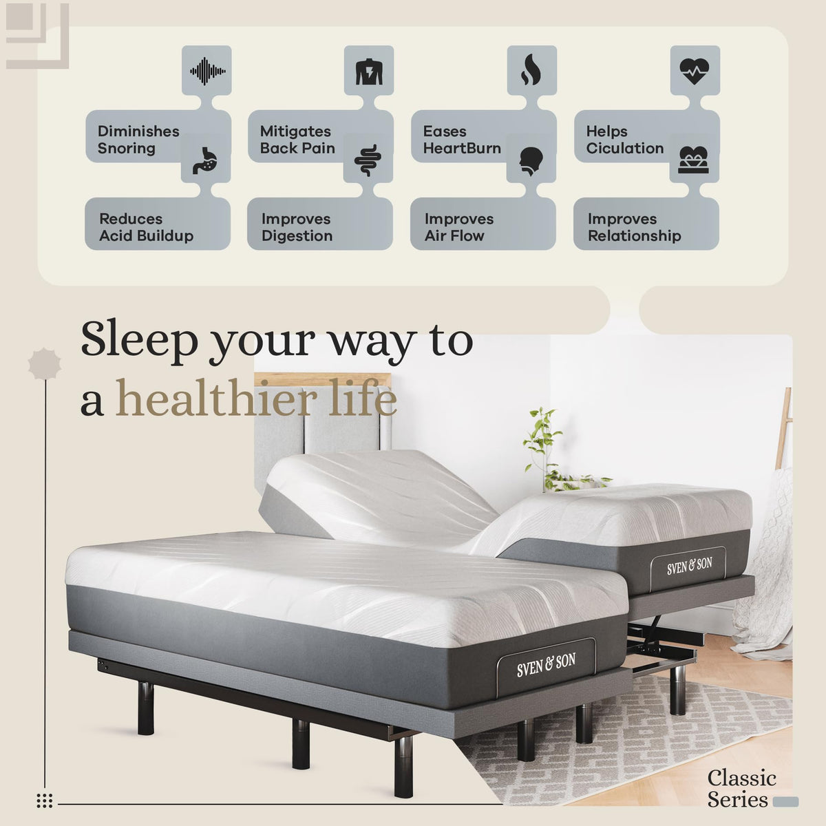 Sven & Son Classic Adjustable Bed Base, Head and Foot Lift, Massage, Under-Bed Lights, USB, Gel Memory, Zero Gravity Smart Frame - Split King + 14 inch Hybrid Spring Matt (Medium Soft)