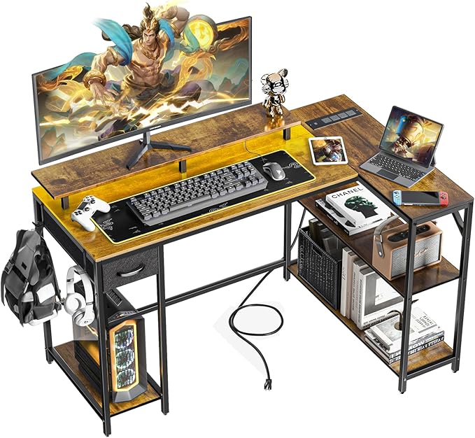 47" L Shaped Computer Desk with LED Light and Power Outlet, Reversible L Shaped Desk with Monitor Stand and Drawer, Gaming Desk with Shelves and 2 Hooks for Home Office Bedroom