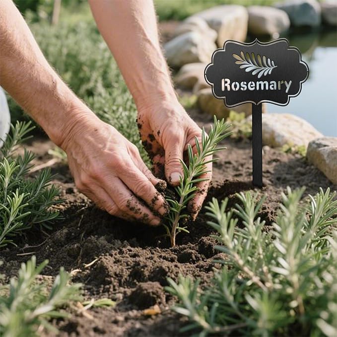 CUTHOLLOW Metal Plant Marker Stake Rosemary for Outdoor Indoor, Waterproof 11.8 inch Cute Garden Plant Labels Sign Tag for Vegetables, Farmhouse Greenhouse Decor - Funny Gardening Gifts