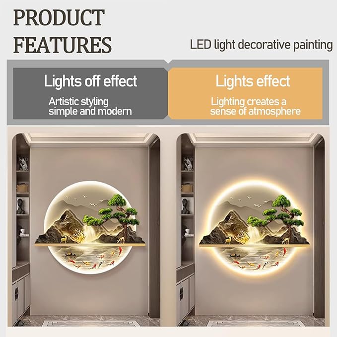 Bubinblau C,70 * 84cm, Mountain Tree Wall Art with Led Light, Zen Wall Art Decor, Luminous Wall Sculptures Painting, for Study Room, Dining Room, Living Room, Tea Room