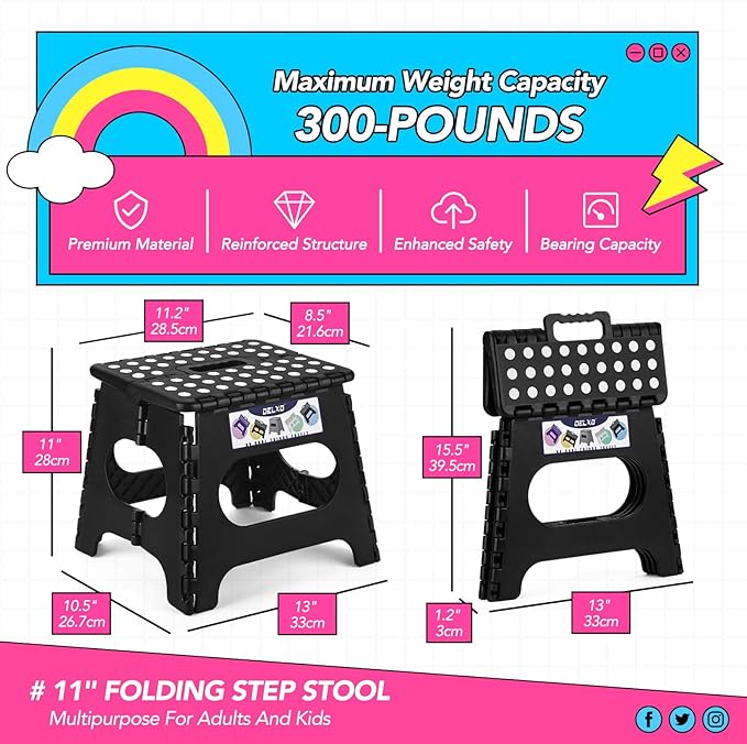 Delxo Folding Step Stool,11 Inch Non-Slip Foldable Step Stools for Kids and Adults,Portable Foldable Step Stool Lightweight Small Folding Stool with Handle for Kitchen Bathroom in Black,1 Pack
