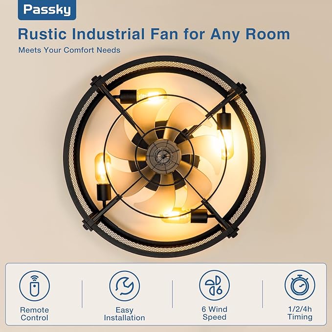 Passky 20 Inch Farmhouse Caged Ceiling Fans with Lights and Remote, Black Downrod Mount Bladeless Fandelier, 6 Speeds Bladeless Ceiling Fan Light for Bedroom, Kitchen, Living Room, Indoor