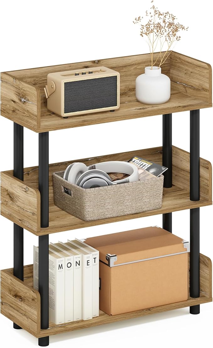 Furinno Turn-N-Tube 3-Tier Multipurposes Display Rack, Open Shelf Rack/Storage with Back & Side Panel, Flagstaff Oak/Black