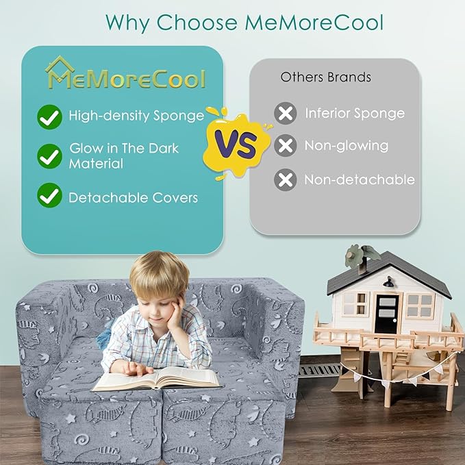 MeMoreCool Glow-in-The-Dark Dinosaur Modular Kids Play Couch — Convertible Foam Sofa for Toddlers, Multi-Configuration Climbing & Fort Building Furniture with Washable Covers, Gray