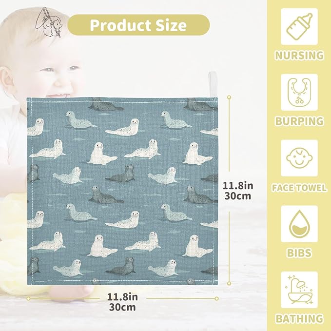 Newborn Face Towel Seal Soft Cotton Baby Washcloths 11.8 x 11.8 Inch Infants Girls Boys Muslin Burp Cloths 5 Pack