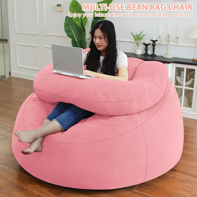 HABUTWAY Bean Bag Chair with U-Shaped Pillow for Adult and Kids Big BeanBag Chair with Filling Ultra Soft Teddy Fleece Couch Chair with Washable Cover for Living Room Bedroom, Light Pink & Light Pink